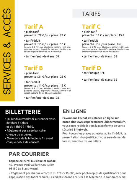 tarifs billetterie 